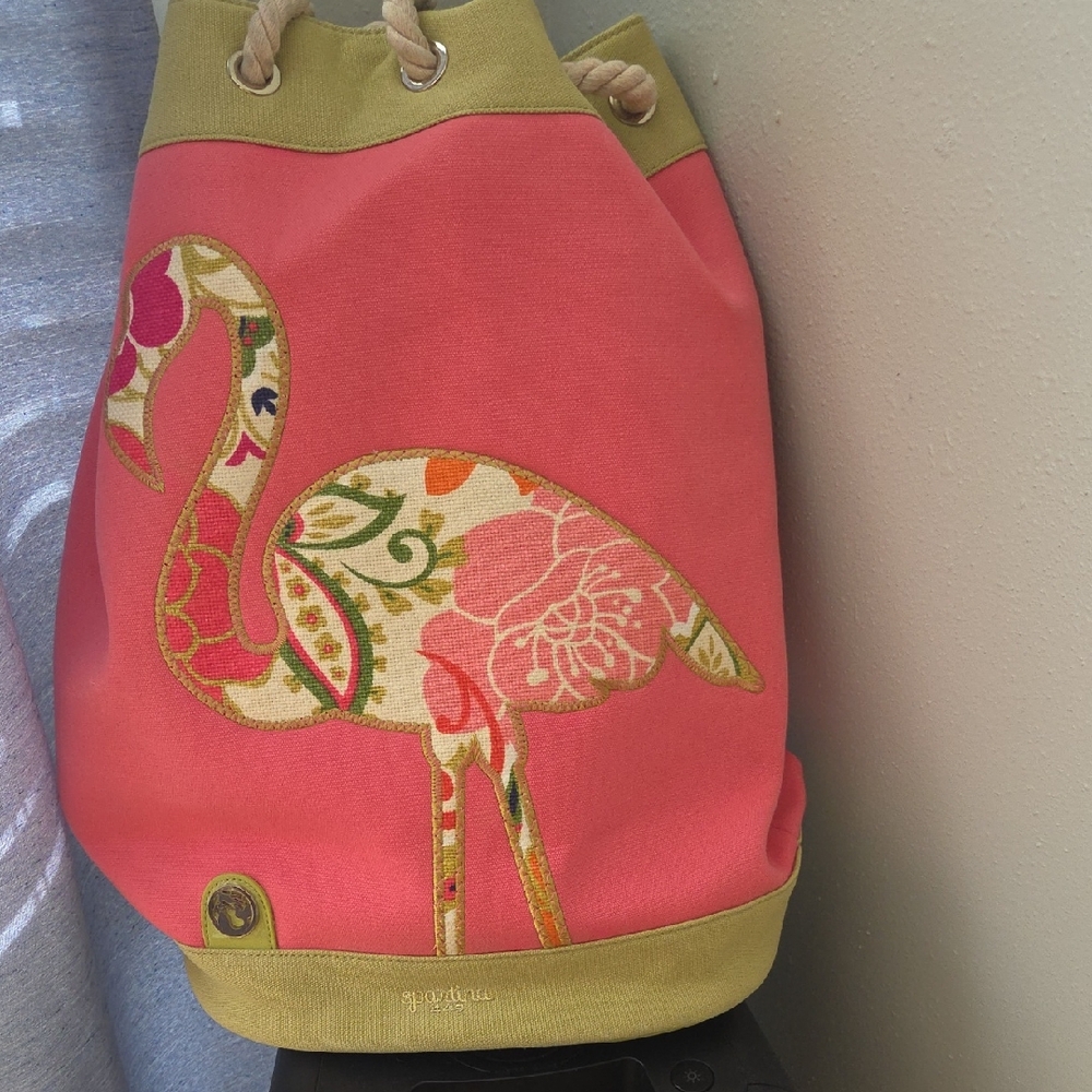 Spartina 449 Coral Canvas Flamingo Applique Bucket Tote with Olive Trim